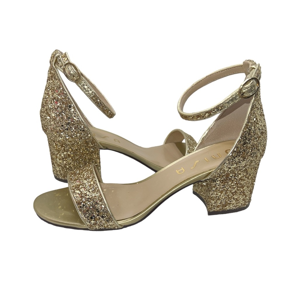 UNISA Gold Glitter Ankle Strap Chunky Heel Sandals